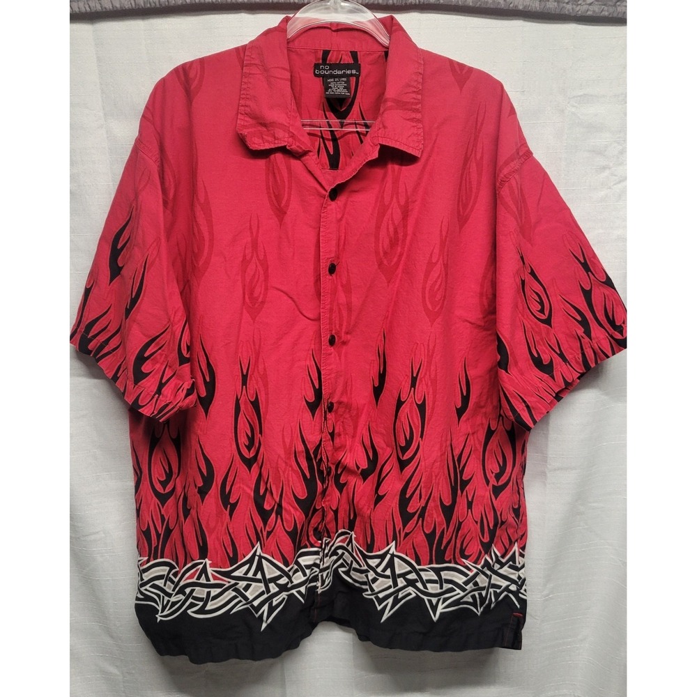 Men's Vintage Y2K No Boundaries Red Flames Barbed Wire Button Down 2XL Cotton